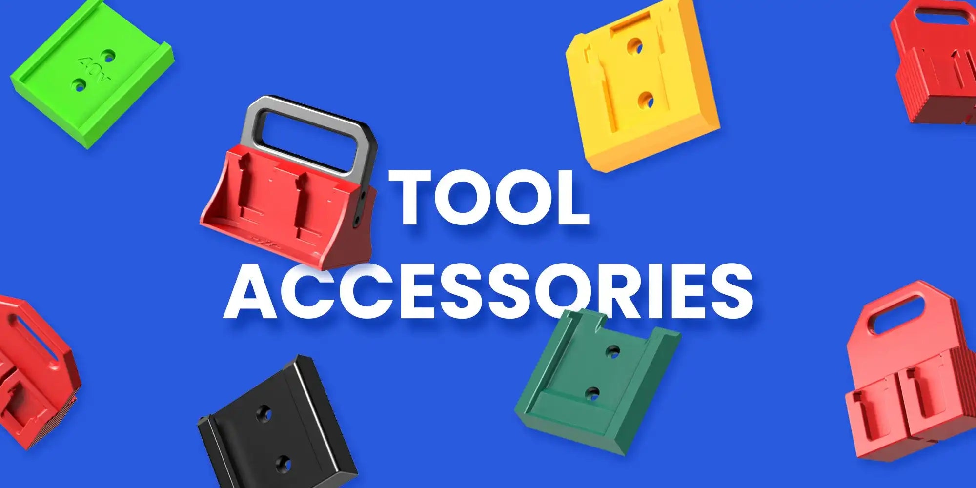 Colorful tool accessories on a blue background.