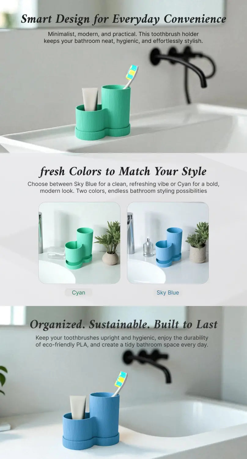 Minimalist Toothbrush Holder – Sky Blue & Cyan Eco Friendly PLA Bathroom Organizer