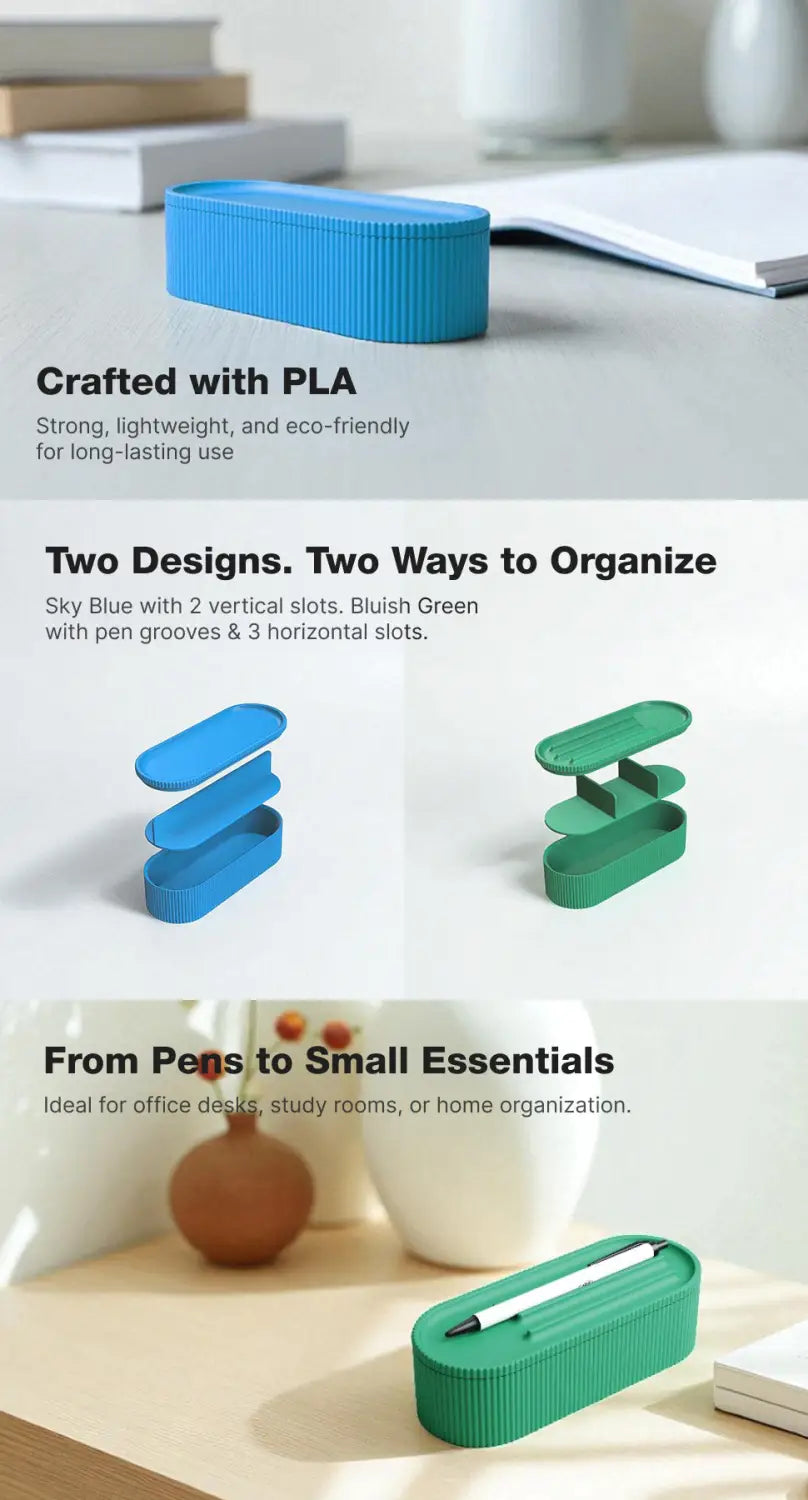 Smart Pen Tray + Box – Sky Blue & Bluish Green Eco Friendly PLA Desk Organizer Minimalist Design
