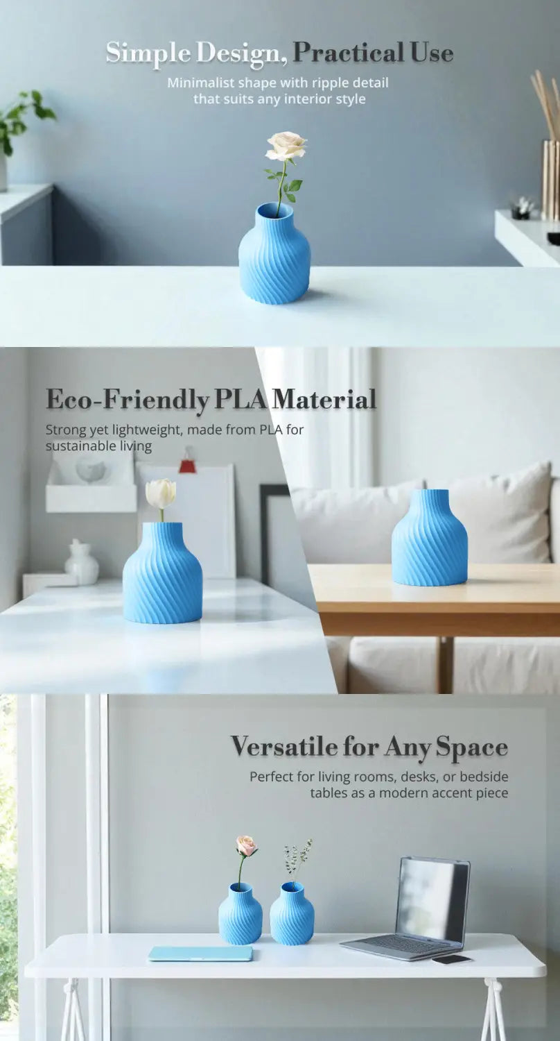 Minimalist Ripple Vase – Sky Blue Eco Friendly PLA for Flowers & Modern Home Decor