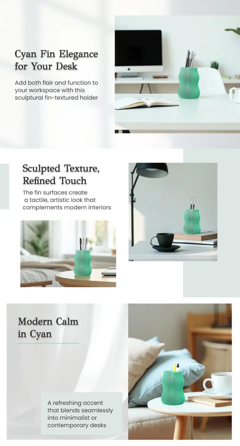 Cyan Fin Pen Holder – Sculptural Textured Desk Organizer Modern Minimalist Pencil Stand for Stylish Workspace Décor
