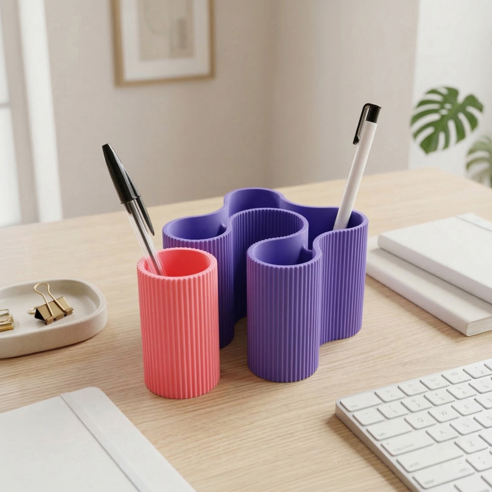 Modern Ribbed Pen Organizer, Multi-Section Desk Holder for Pens, Pencils & Office Supplies