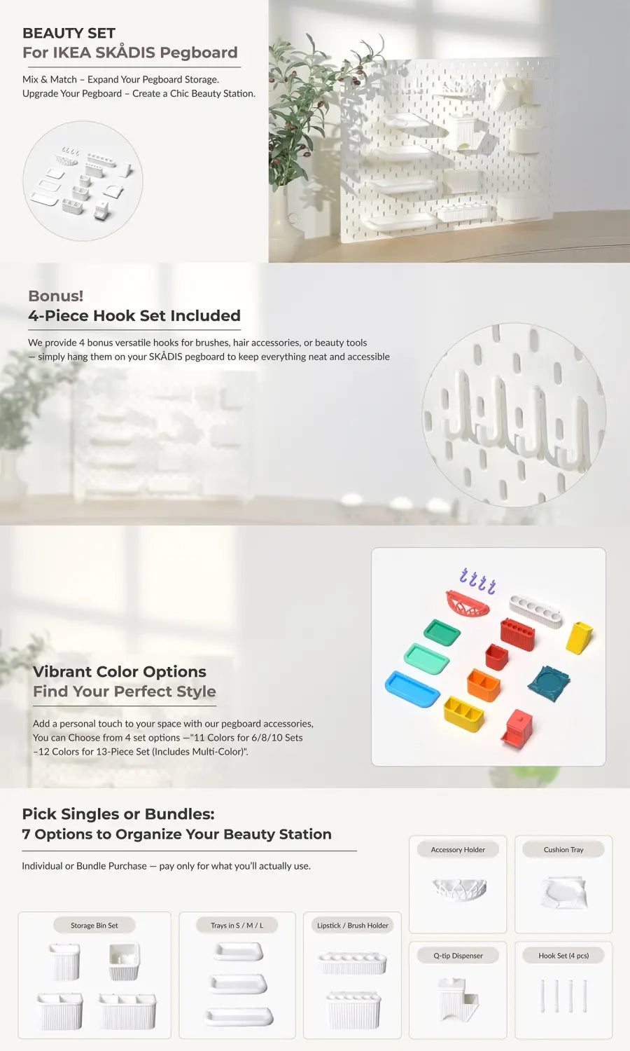 Beauty Organizer Set Compatible with IKEA Skådis – Pegboard Accessories | No Tools Required | 6/8/10/13 Piece 4 Options