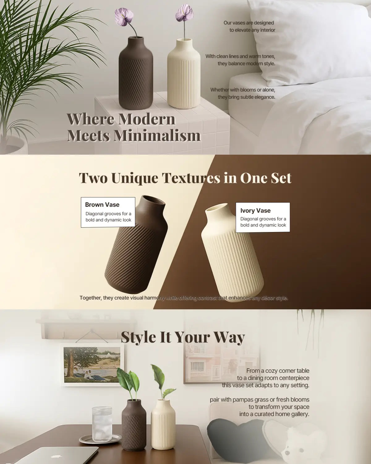 Minimalist Vase Set – 2pcs Brown & Ivory Decorative Modern Home & Office Planters