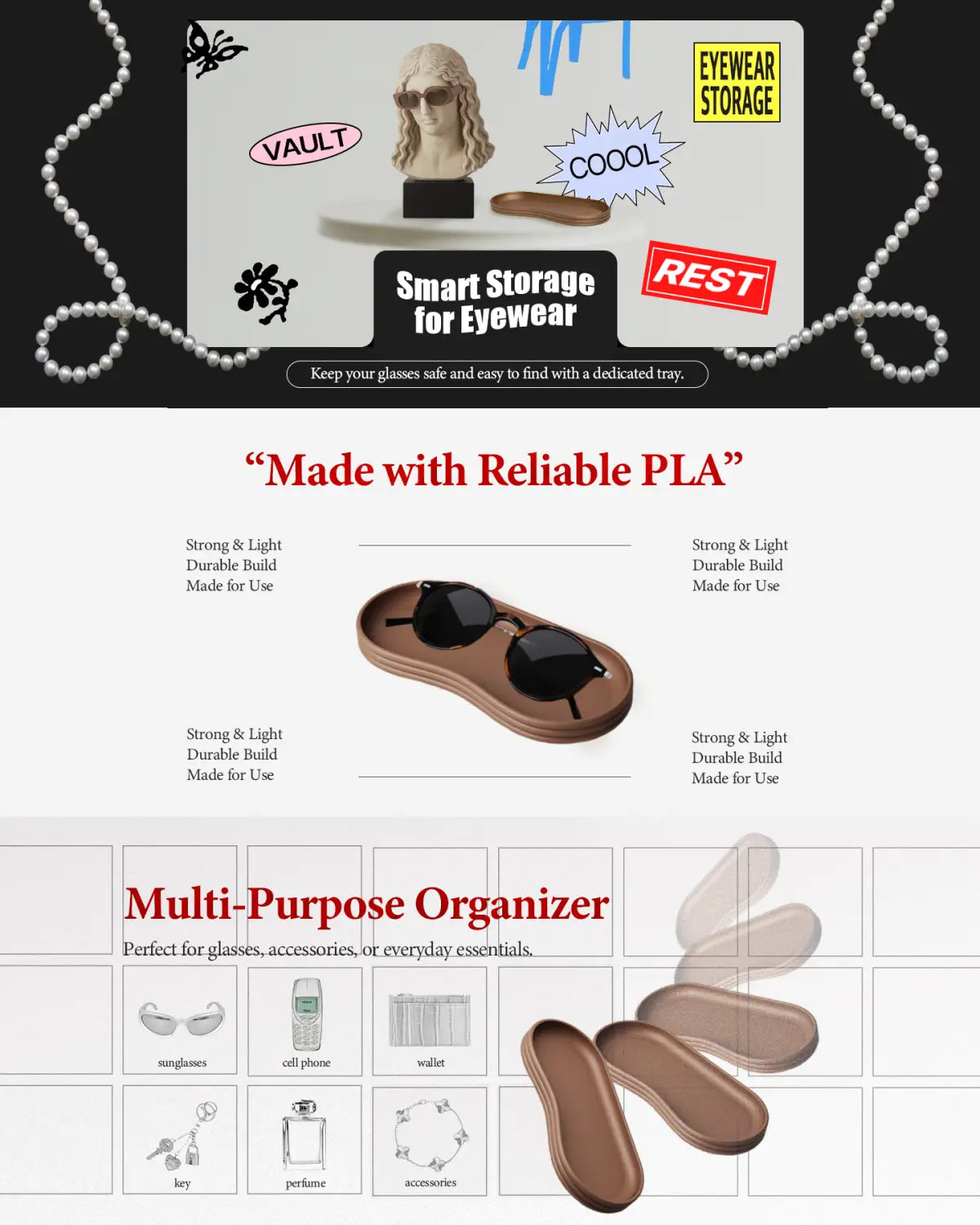 Modern Copper Glasses Tray – Eco Friendly PLA Organizer for Sunglasses Jewelry & Small Essentials
