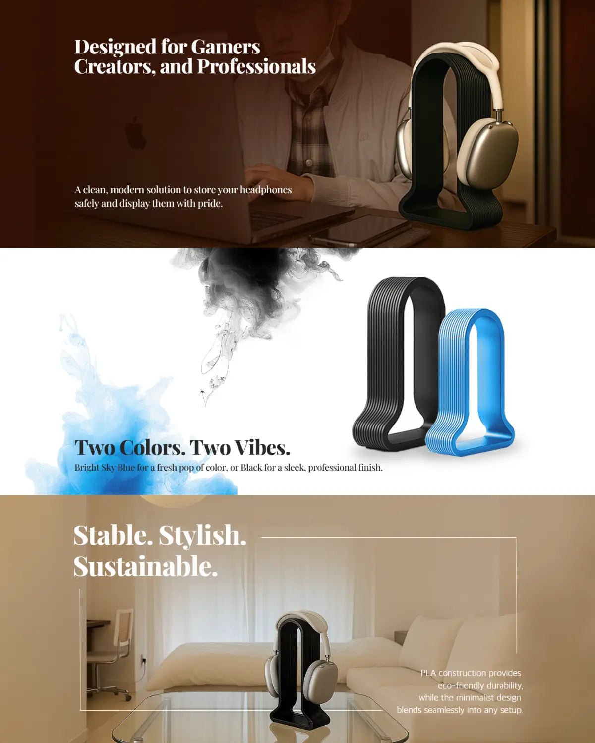 Modern Desk Headphone Stand – Black & Sky Blue Eco Friendly PLA Desk Organizer Minimalist Design