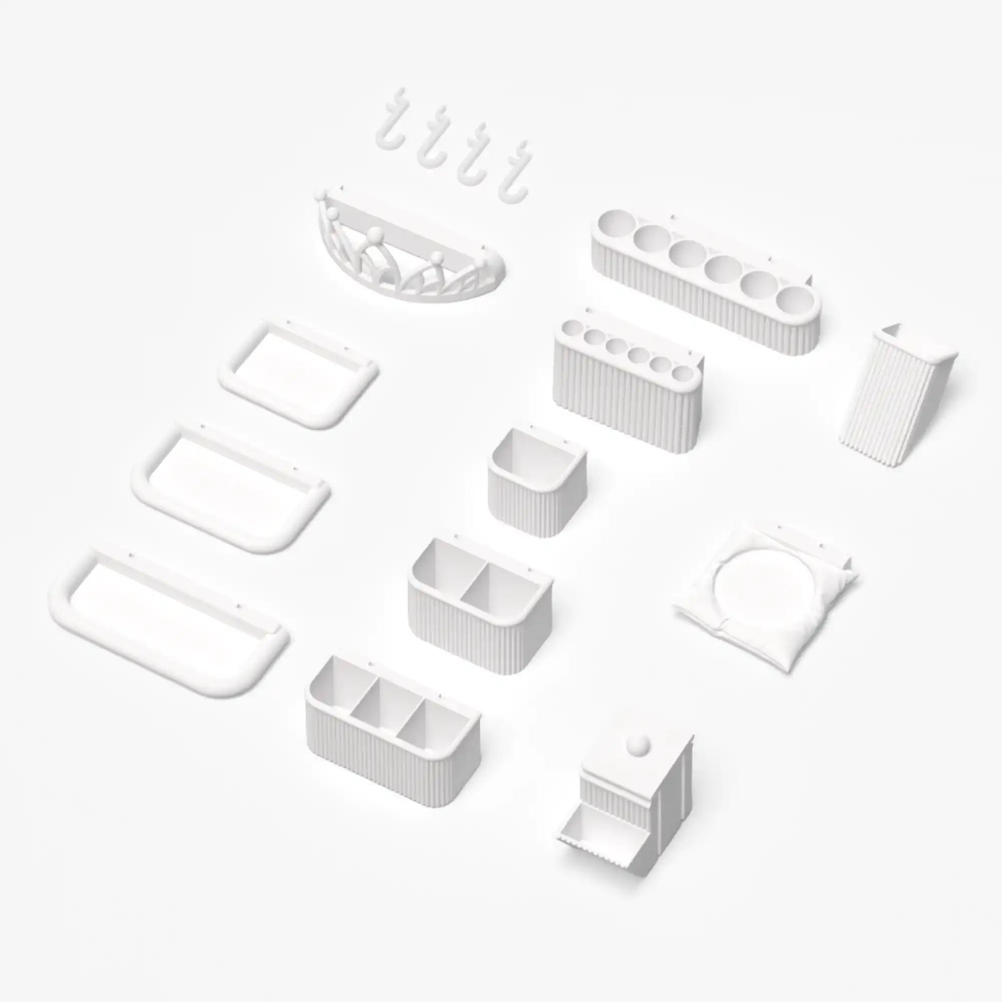 A collection of white, modular, ribbed plastic storage and organization units, including trays, multi-compartment containers, and hooks, designed for bathroom or vanity use.