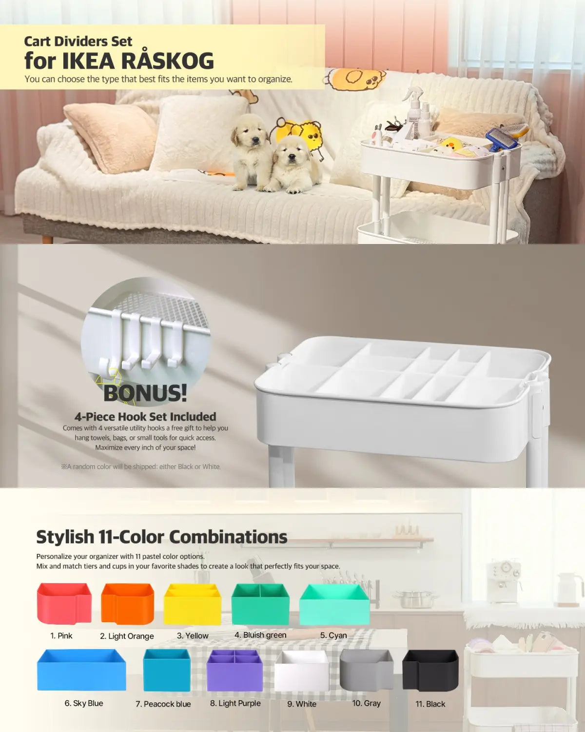 5-Type Divider Set for IKEA RÅSKOG – Customizable Storage Bins & Hooks – 11 Solid Color Options – Modular Inserts