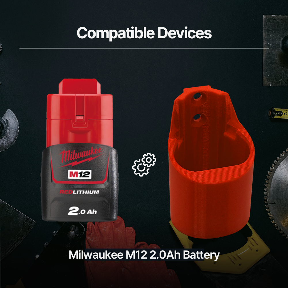 Milwaukee M12 12V Battery Holder long version – Wall Mount Storage Rack for 2.0Ah - Secure M12 Battery Storage