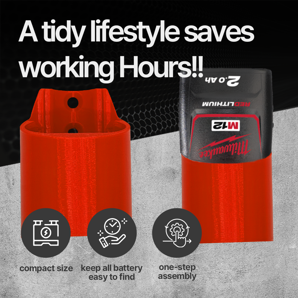 Milwaukee M12 12V Battery Holder long version – Wall Mount Storage Rack for 2.0Ah - Secure M12 Battery Storage