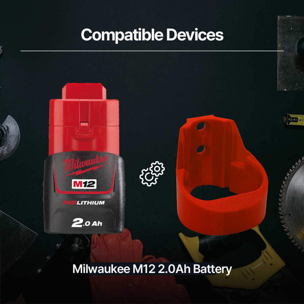 Milwaukee M12 12V Battery Holder – Wall Mount Storage Rack for 2.0Ah - Secure M12 Battery Storage for Garage Workshop