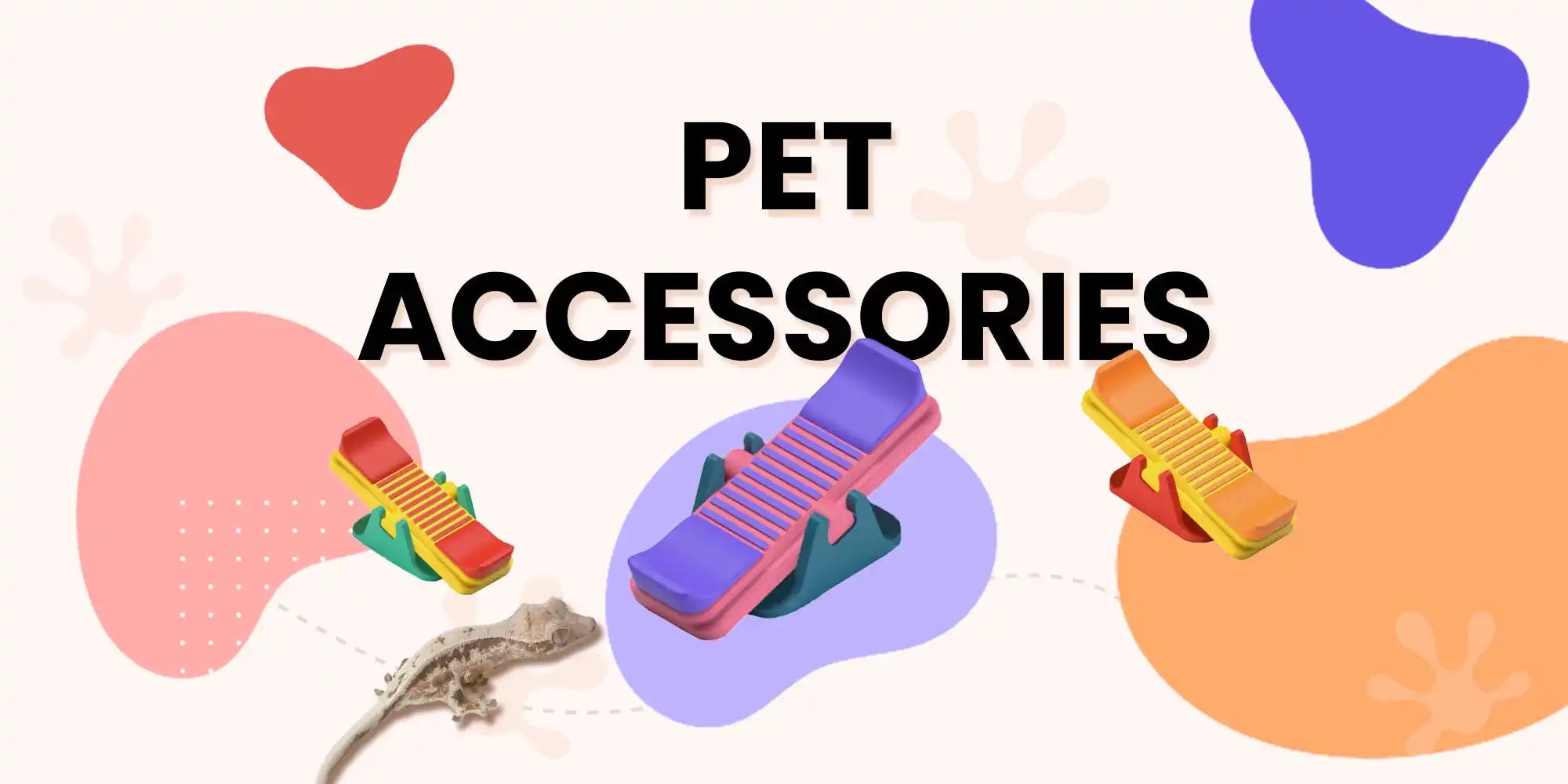 Pet accessories for small animals, including three colorful seesaw-like toys and a small gecko.