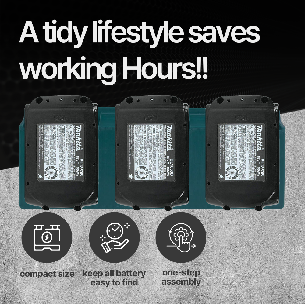 Wall Mount Battery Holder for Makita 18V – 3-Slot Rack for Large Batteries – PETG Durable – Easy Install - Power Tool