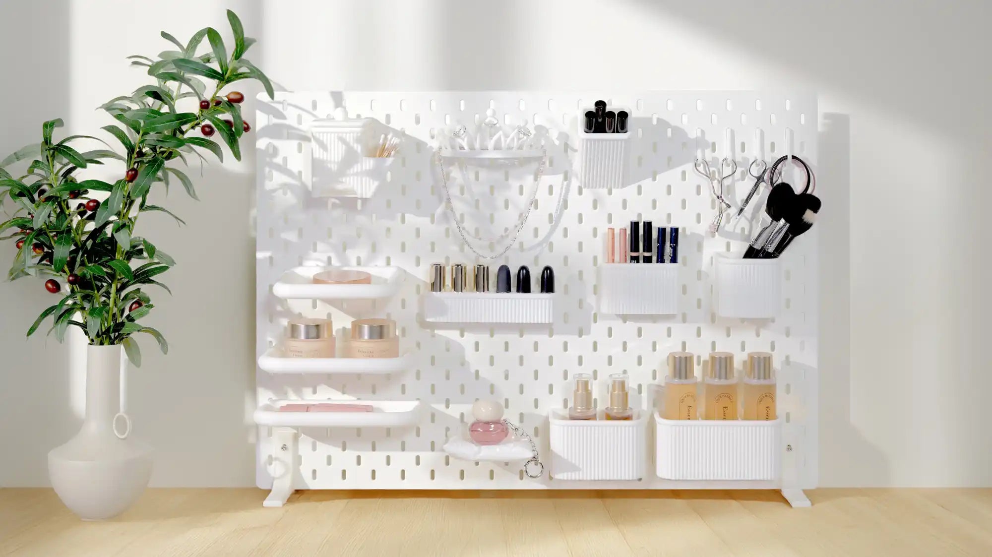 White pegboard with various shelves, hooks, and containers for organizing cosmetics and small items.